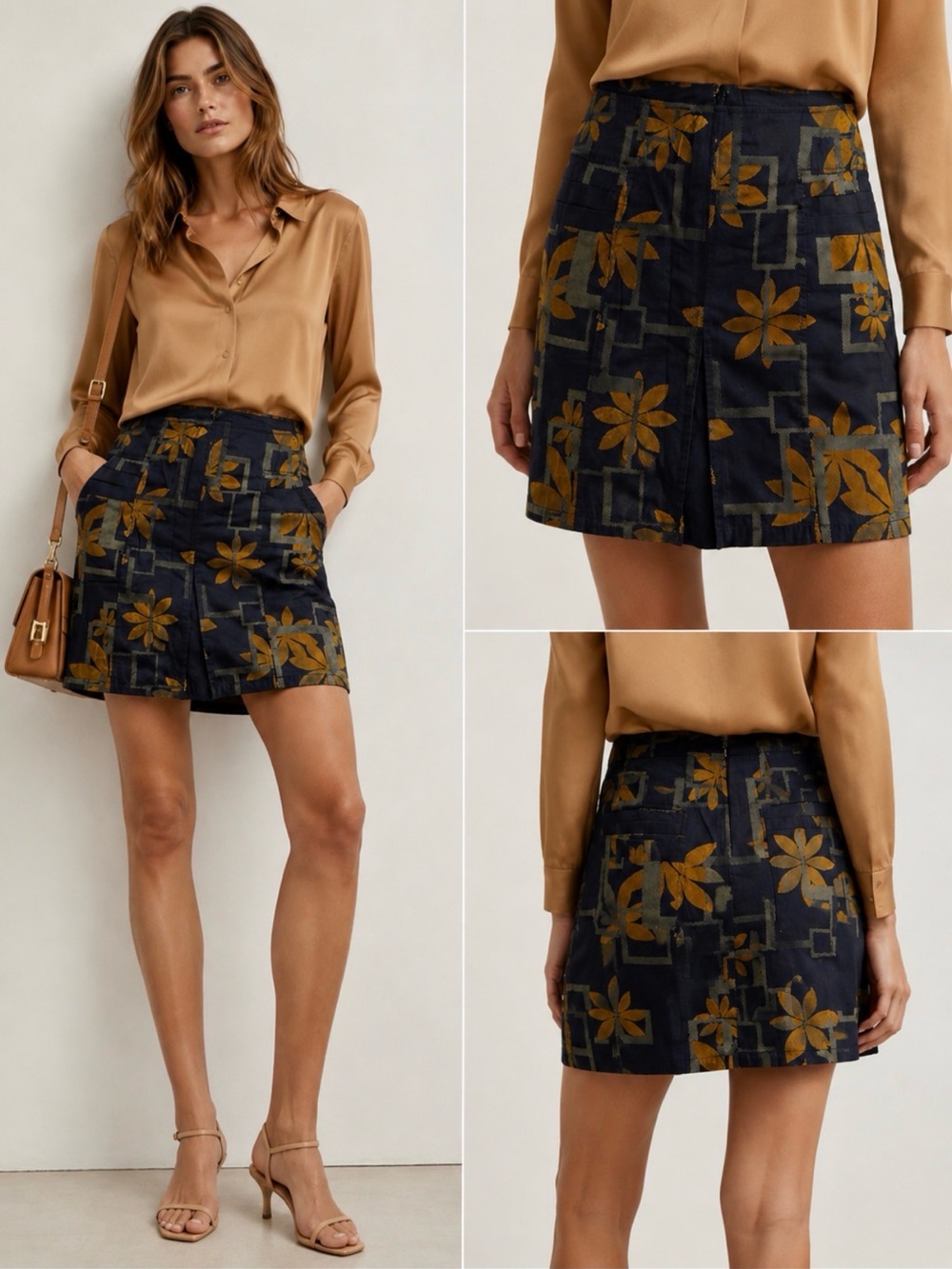 Custo Barcelona Black Mini Skirt with Mustard Floral Print